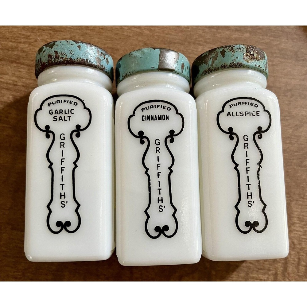 Vintage Griffiths Milk Glass Spice Jars Set of 3 Garlic Salt Cinnamon Allspice